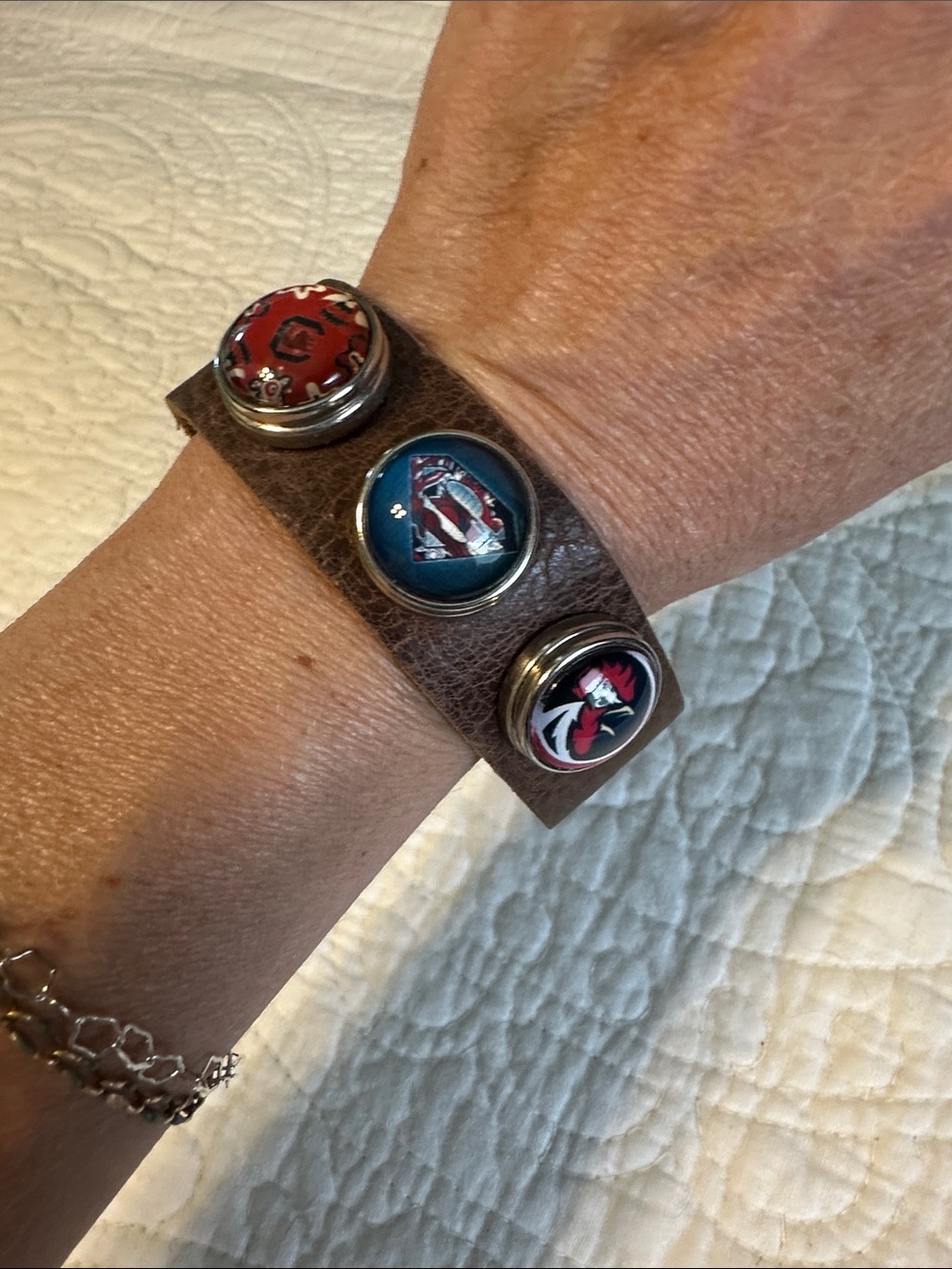 Gamecock Brown Leather Snap Bracelet with Red and Blue Accents